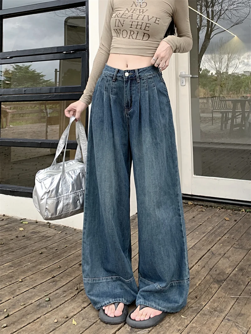 

High Waist Loose Fit Casual Denim Pants for Women Summer New Style American Style Drapey Straight Leg Jeans Floor Length