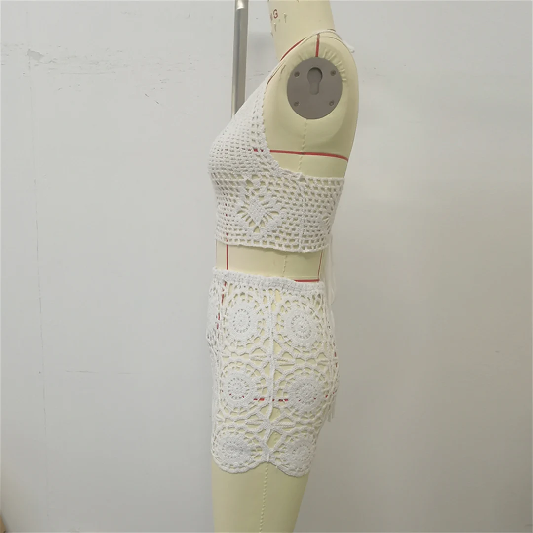 Halterneck, ausgehöhlt, gehäkelt, gestrickt, zweiteiliger Anzug, Strand-Überwurf, Strandshorts, Strandkleidung, Damenmode, V6524 – Detail 12