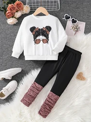 Children's spring and autumn new girls 2 sets of fashion perfectionism printed white long-sleeved top + black slim-fit pants