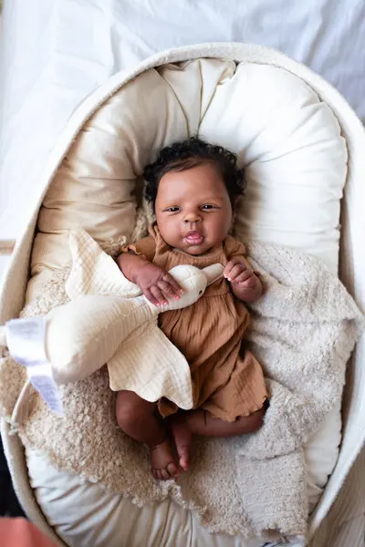 

Artist Made 21inch Reborn Baby Estella Dark Skin African Baby With Hand-Rooted Curly Black Hair Already Finished Doll