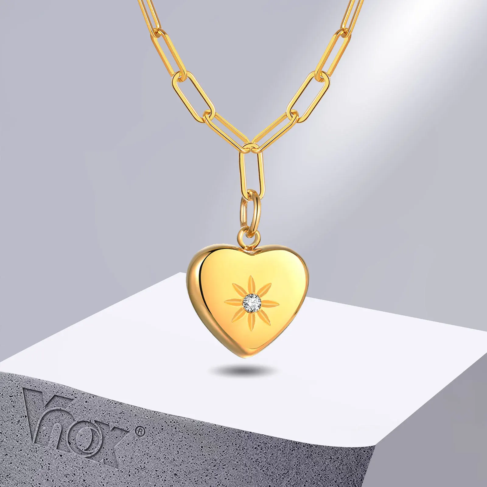 

Vnox Delicate Star Stamp Heart Necklaces for Women, Gold Color Stainless Steel Rectangle Paper Clip Chain Collar Jewelry