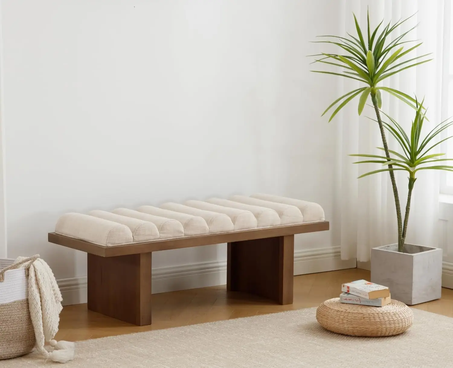 Modern Bedroom Bench, 47 Inch Upholstered End of Bed Bench Padded Entryway Bench with Cylindrical Cushion/Wood Legs, Wooden Wind