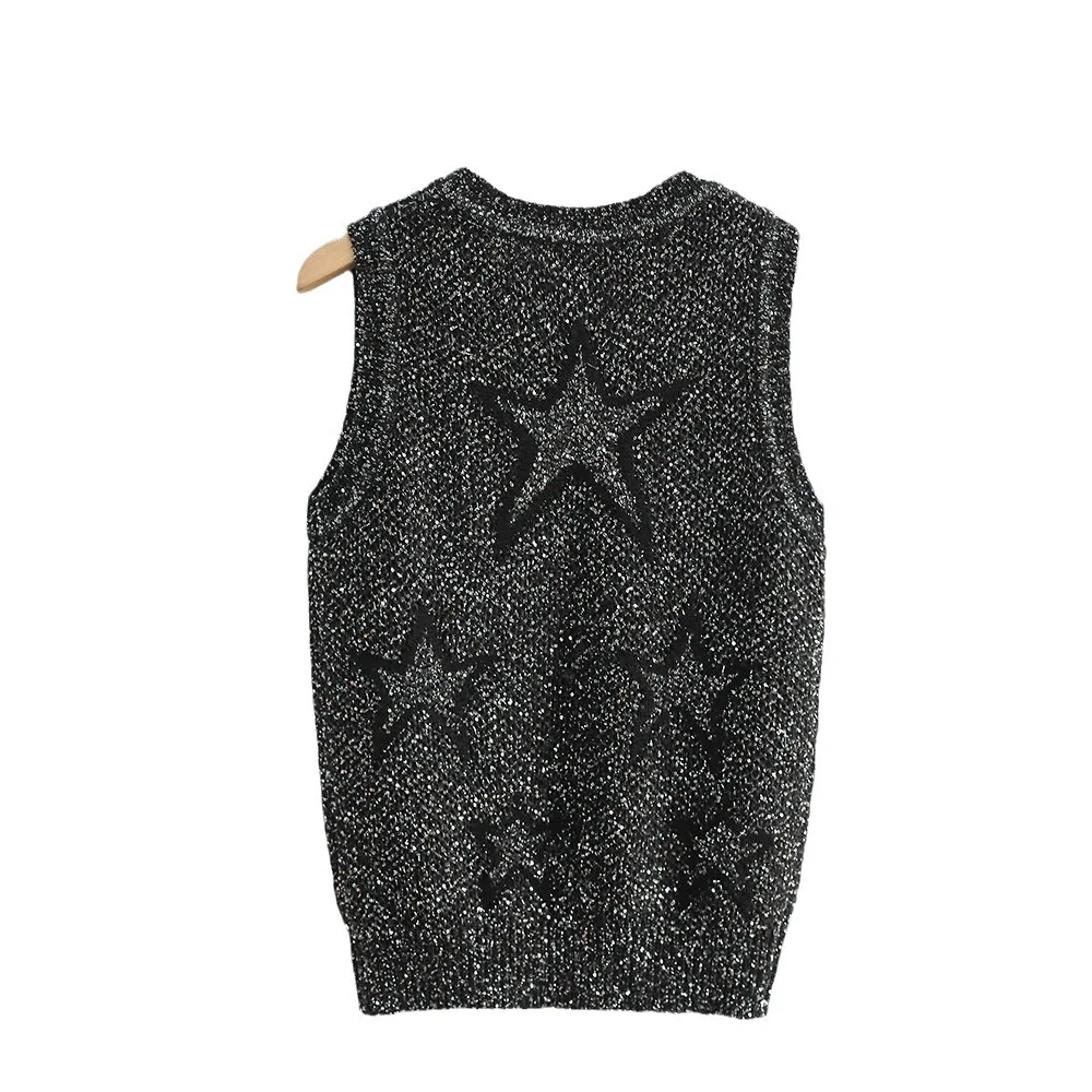 

2025 Socialite BLING Sequin five-point round neck sleeveless bead yarn wool knitted short vest top