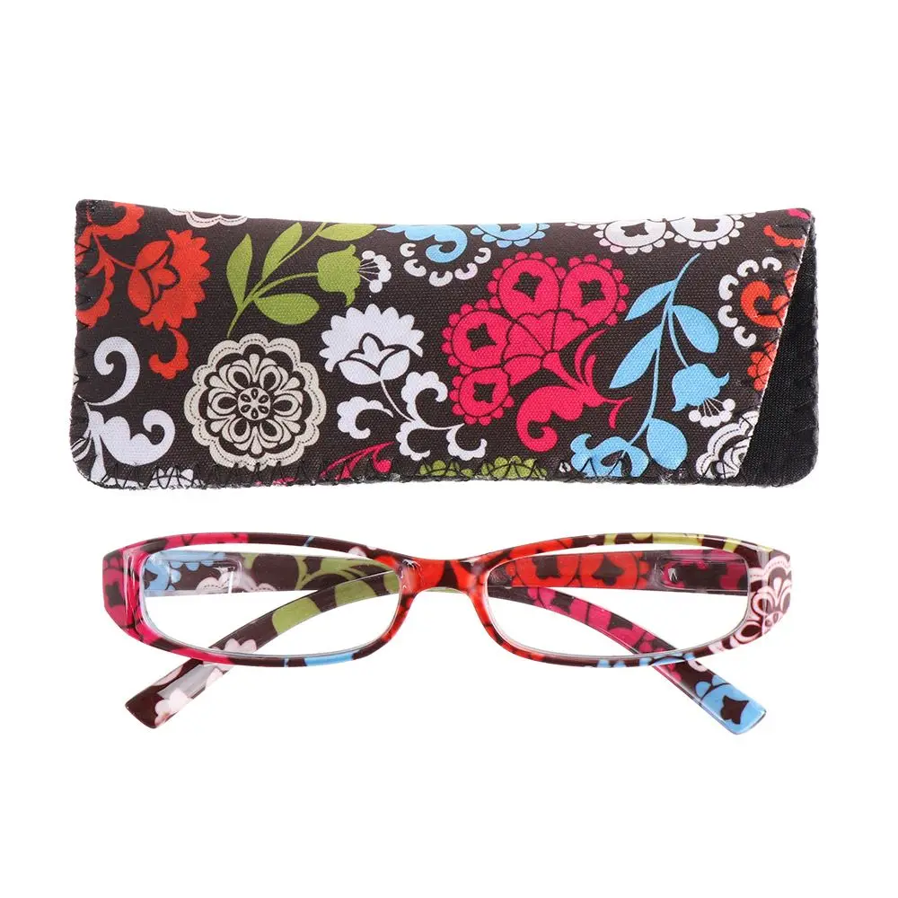 New Fashion Women Flower Print Resin Reading Glasses Spring Hinge Rectangular Presbyopic Matching Pouch