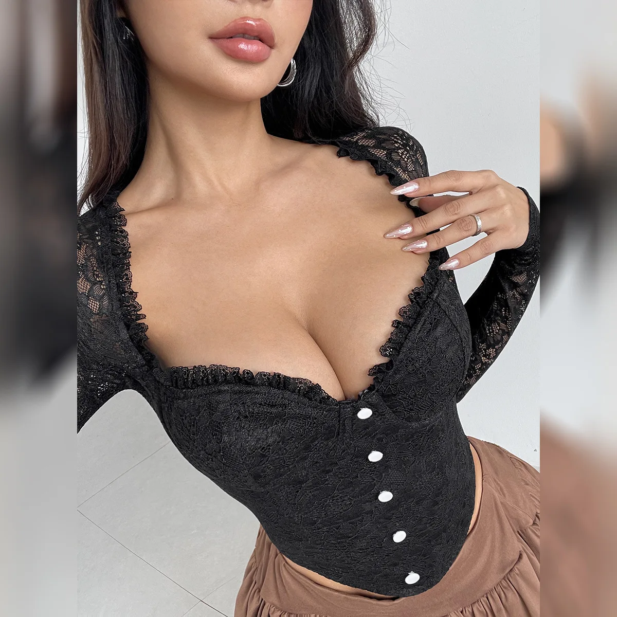 

2025 Solid Color Knit Lace Sexy Fitted Deep V-Neck Button-Up Long Sleeve Top Woman Clothing Top Women T-shirt Tank Top Female