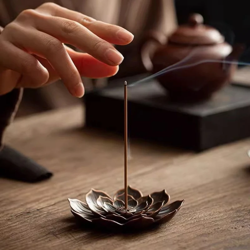 Brûleur d'encens en alliage, support pour bâtonnets d'encens au bois de santal, plaque d'encens en métal Zen Lotus Line, pour temples, studios de yoga, décoration intérieure