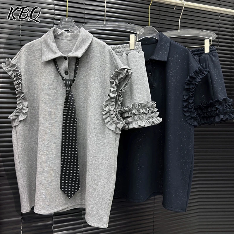 

KBQ Solid Chic Two Piece Sets for Women Lapel Sleeveless Spliced Button Shirts High Waist Short Skirts Spliced Folds Set Female