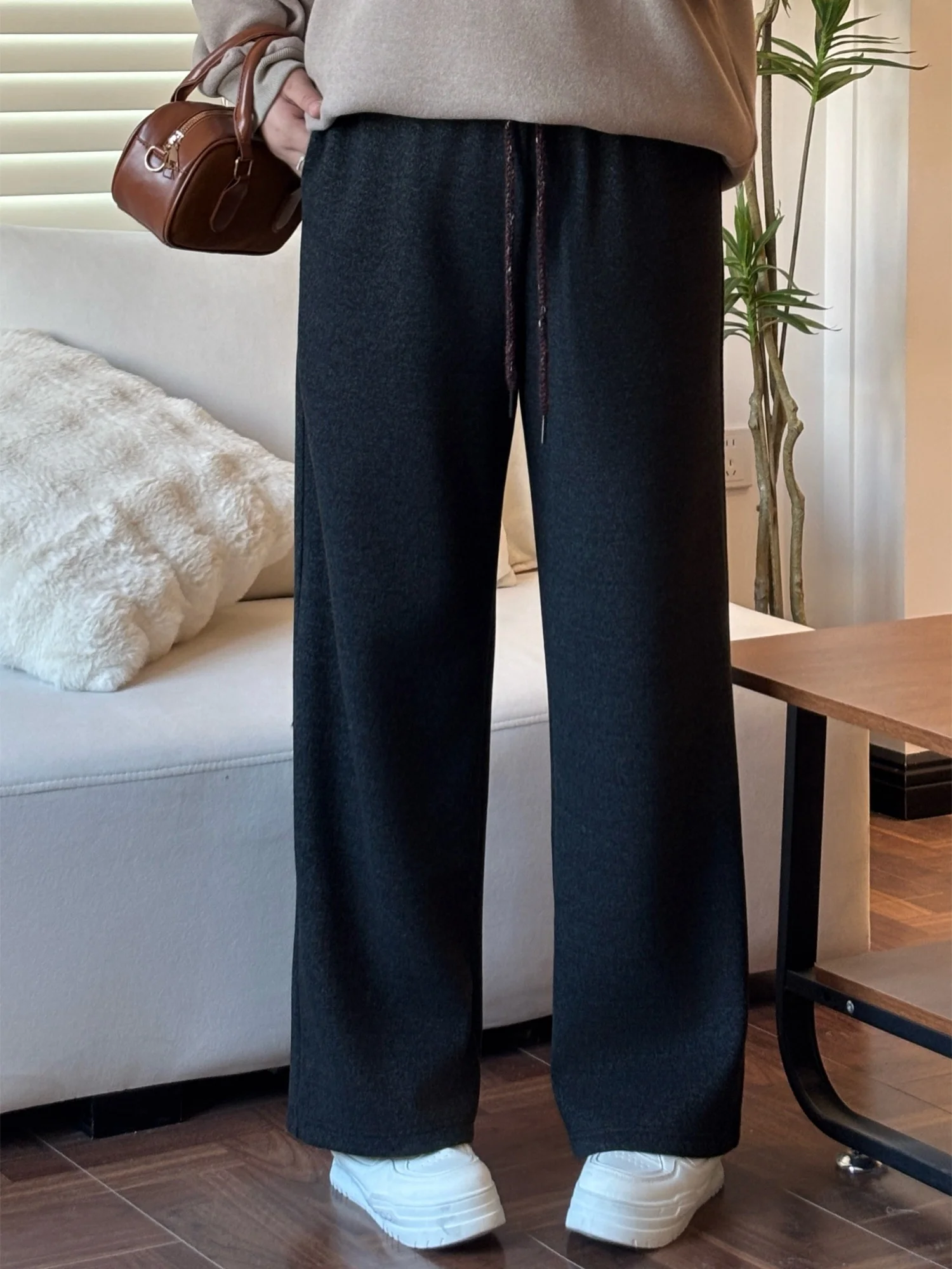 

Женские повседневные брюки больших размеров с флисовой подкладкой, широкие, свободные, прямого кроя, с эффектом стройности, осенне-зимняя новинка