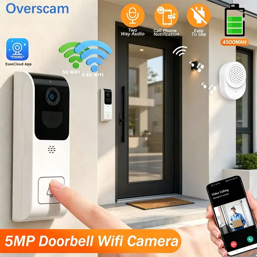 EseeCloud Video Doorbell Camera 5MP 5G/2.4G WiFi 4500mAh Battery Audio Door Bell With Phone Notification For Home Security