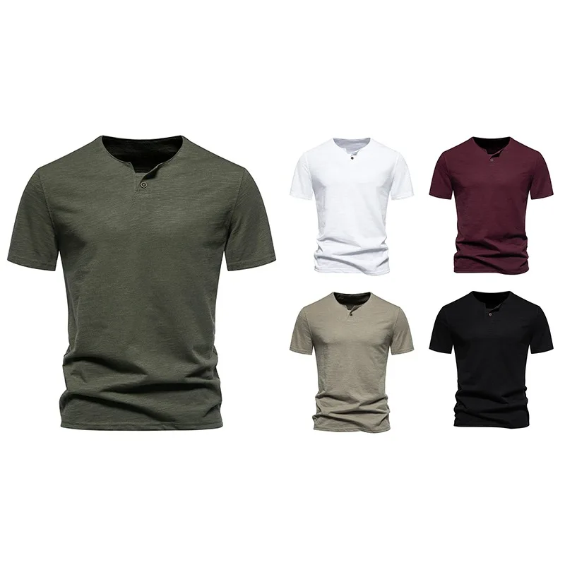 Summer New One Button Men\'s Bamboo Casual Loose Linen Material Short Sleeved T-shirt