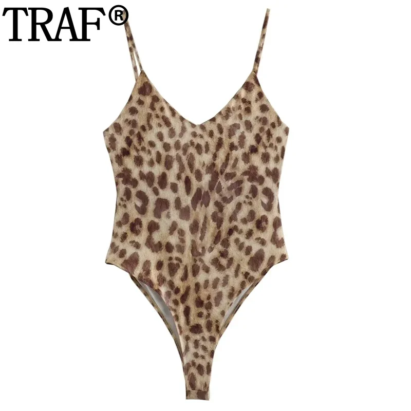 TRAF Leopard jednoczęściowe stroje kąpielowe drukuj body bez rękawów kobiety lato Body z odkrytymi plecami kobieta Vintage Bodycon body plażowe