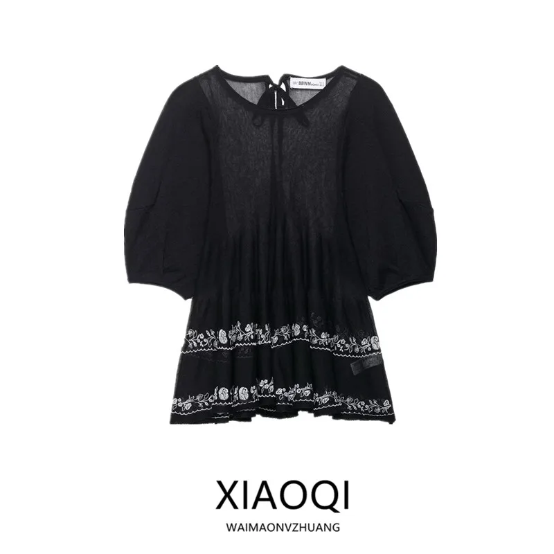 

Summer 2025 Women's Comfortable Long irt Fine Needle Embroidery ort Sve Versatile Casual Sle Loose Fit round Ne