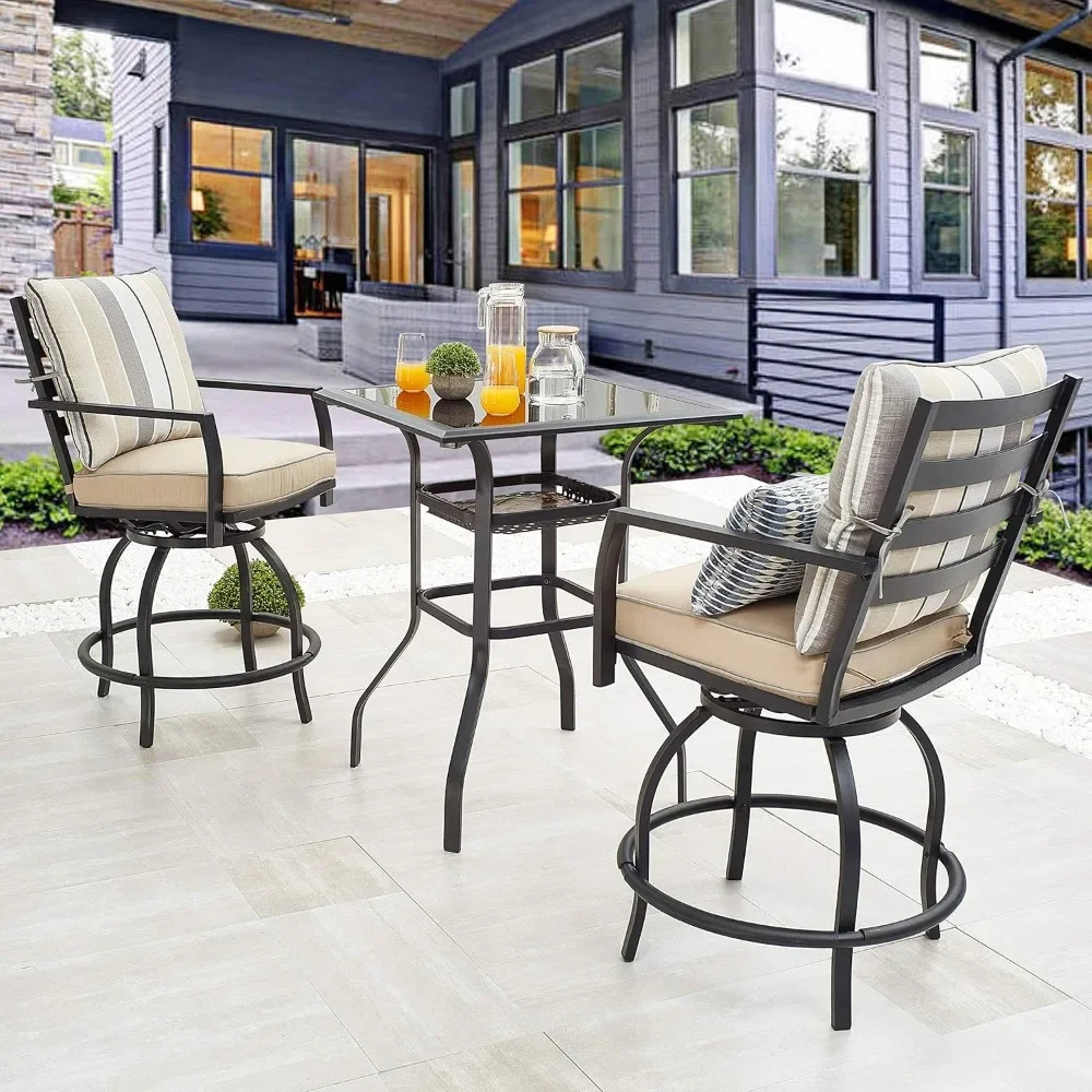 

Balcony Height Patio Furniture Hightop Stools Counter Swivel Pub Chairs with Glass Top Table, Chair