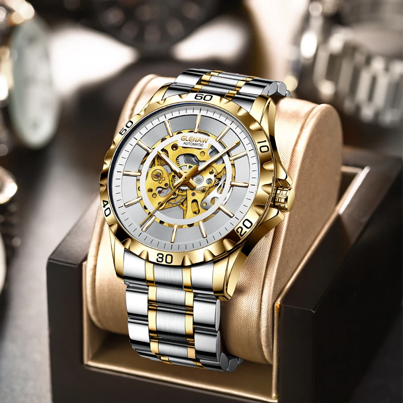 GLENAW Design Wheel frame dial mechanical watch men luminous waterproof luxury high quality automatic watch stainless steelstrap