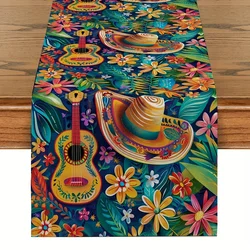 Mexican Style Colorful Printed Linen Table Runners Band Cactus Plant Flower Straw Hat Pattern Table Runner Day Of The Dead decor