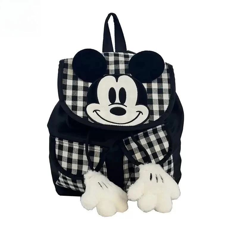 Mickey Mouse Plaid Backpack 3D Head Decor Cute Versatile Girlish Casual Outdoor Backpack for Daily Travel & School Use