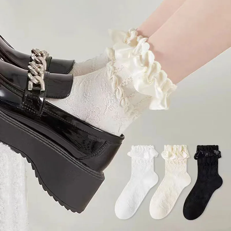 Chaussettes respirantes en dentelle blanche Kave Lolita pour femmes, tube moyen fin, mocassins japonais, chaussettes de princesse, livraison directe, été