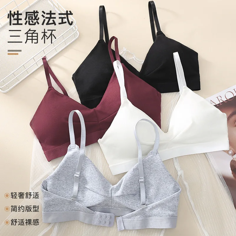 Summer New French Underwear Pure Cotton Non-underwire Triangle Cup Comfortable Sweat Absorption-free Girl Student Underwear Bra