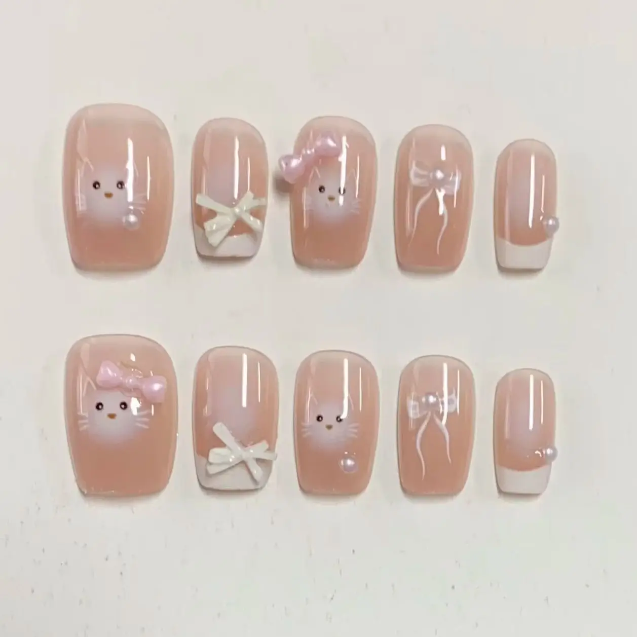 10-Piece Set of Blush Gradient White Cat Pearl Long Square Detachable False Nails, Suitable for Students' Daily Use, Cat Lovers, Sweet Girls' Commute, Afternoon Tea Outings, Girl Dates, Soft Girl Outfits, Birthday Photoshoots