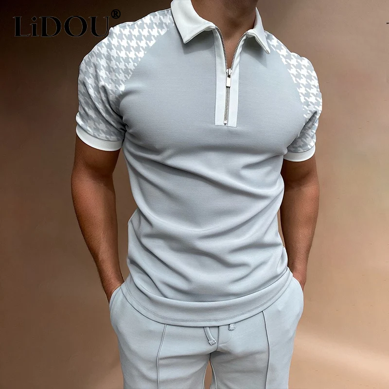 2022 Vintage Summer New Fashion Trend Fitness Casual Simple Polo Shirts Men Zipper Color Block Sports Patchwork Top Man Clothing