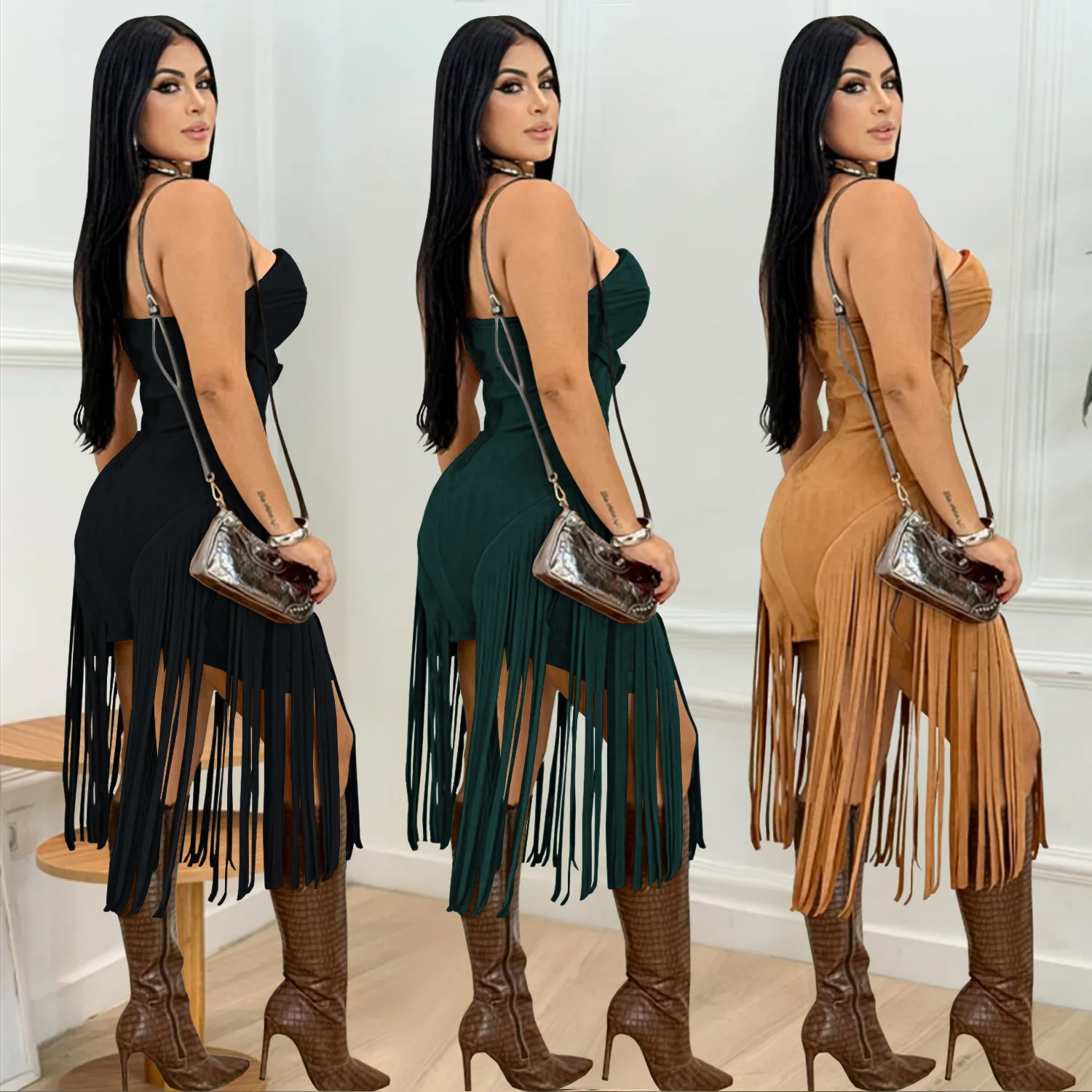 Suede Tassel Women Midi Dress Off Shoulder Sheer Evening Dress 2025 Summer New Streetwear Sexy Backless Night Club Party Vestido