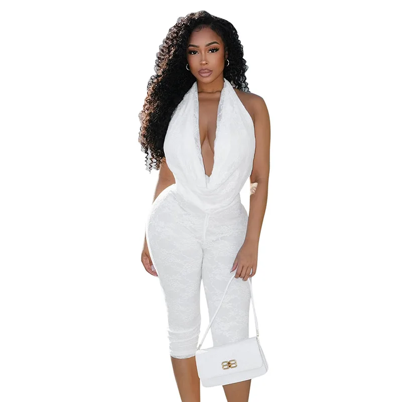 ヨーロッパとアメリカの新しい夏の女性のレースのスイングカラーぶら下げ首大きな背中の開いたタイトフィットパンツ女性。