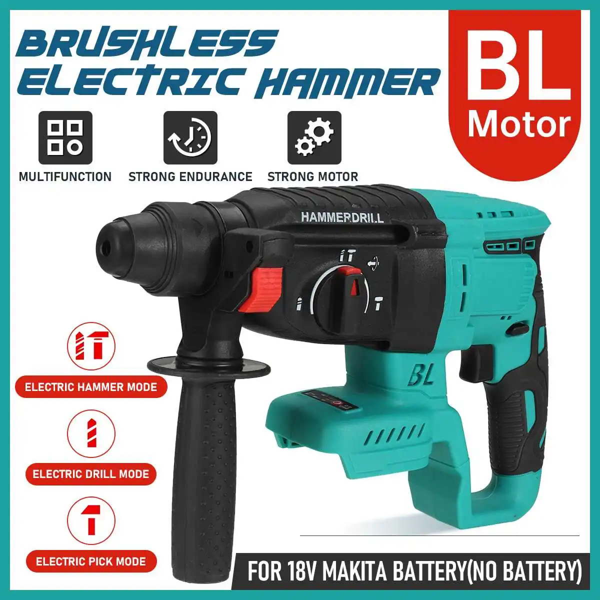 OceanHeart Brushless Electric Hammer 4 Functions Cordless Rechargeable Rotary Impact Drill Power Tools For Makita 18V Battery