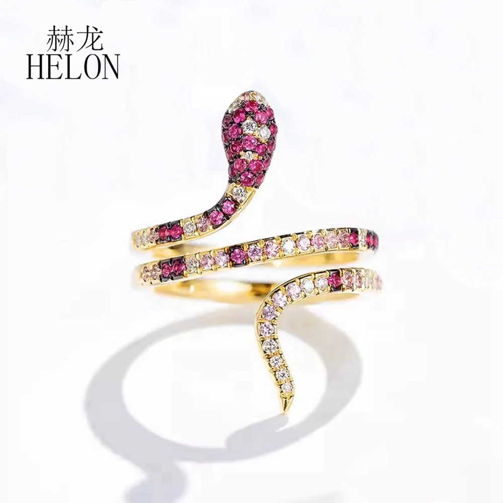 HELON Solid 14k AU585 Yellow Gold Snake Natural Diamonds Ring Real Pink Sapphire Band Women Personality Trendy Fine Jewelry