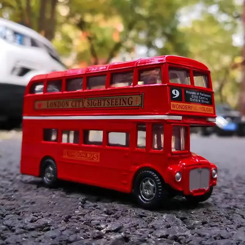 1:64 Vintage Europe Double Decker Bus Diecast Alloy Car Model Ornaments Metal Pull Back Simulation Car Toy Decor Kids Toy Gift