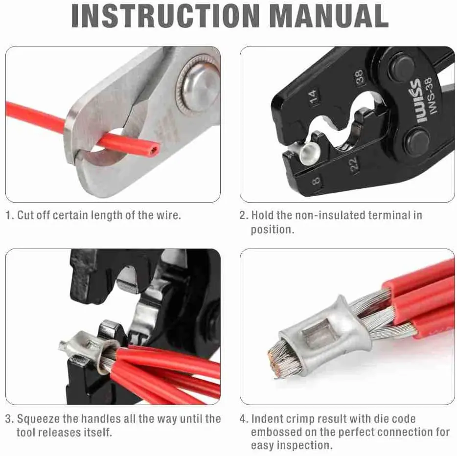 IWISS IWS-38 Crimping Plier AWG 8-2 for Non-Insulated Terminals/Butt/Splice/Open/Plug Connectors Crimper Wiring Repairs Tool