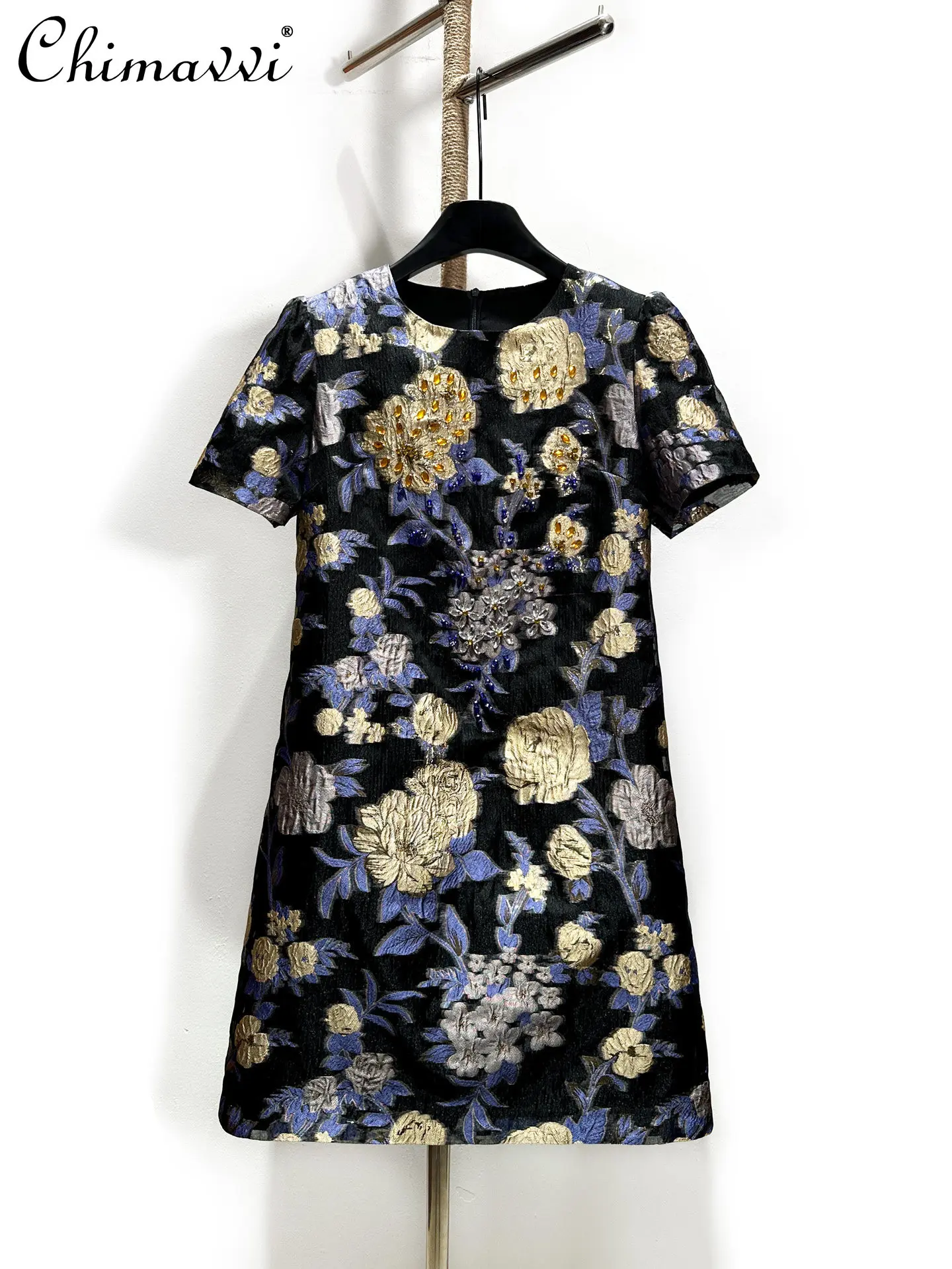 

French-style Heavy Vintage Dress 2026 Spring Summer New Fashion Round Neck Short Sleeve Slim Fit Elegant Party Dress for Women