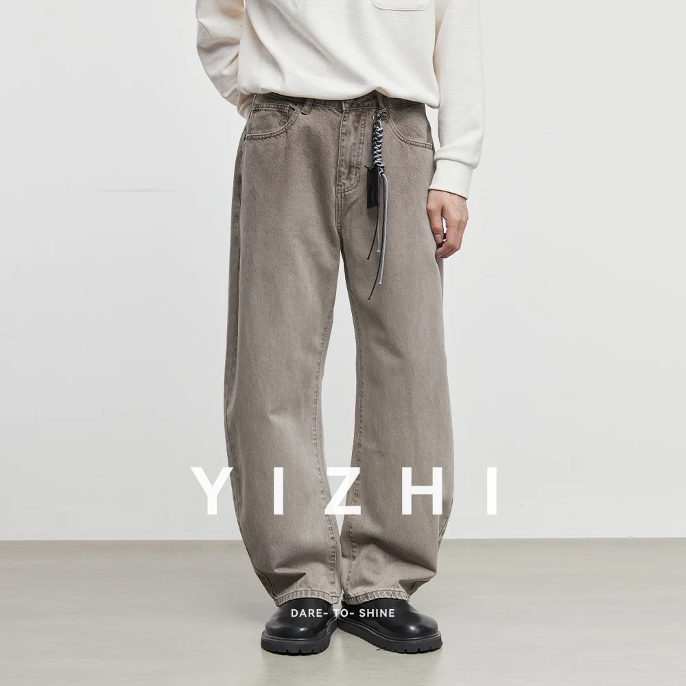 جديد لخريف وشتاء 2025 بنطال جينز فضفاض للرجال بلون كاكي فضفاض مناسب من قماش الدنيم مع حزام مزخرف بنطلون ملابس غير رسمي #5