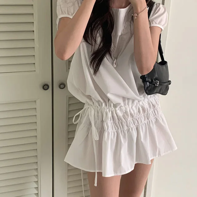 Summer New Design Short Drawstring Dress Elastic Waist High Waist Commute Style Other Material 100% Short Sleeve Universal Fit