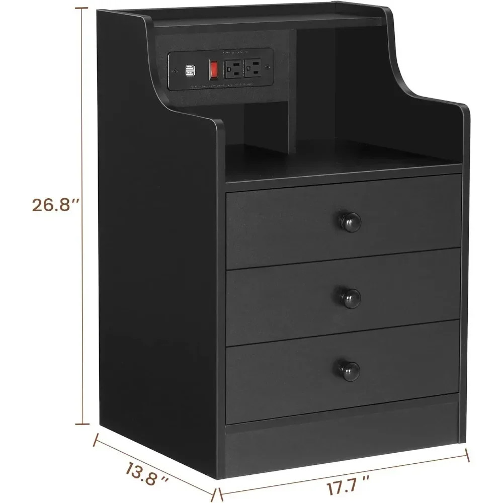 Night Stand Set 2,Black Nightstand with Charging Station & Hutch,Night Stands for Bedrooms Set of 2,Bedside Table with Drawers