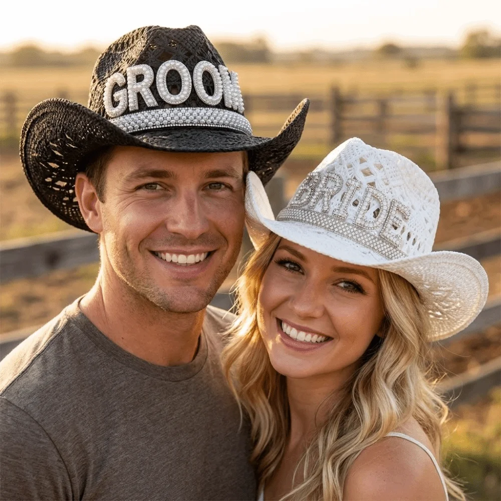 Fashion Rhinestone Letter Bride Groom Cowboy Hat Wide Brim Crochet Cowgirl Hat Hollow Jazz Hat For Wedding Bachelorette Party
