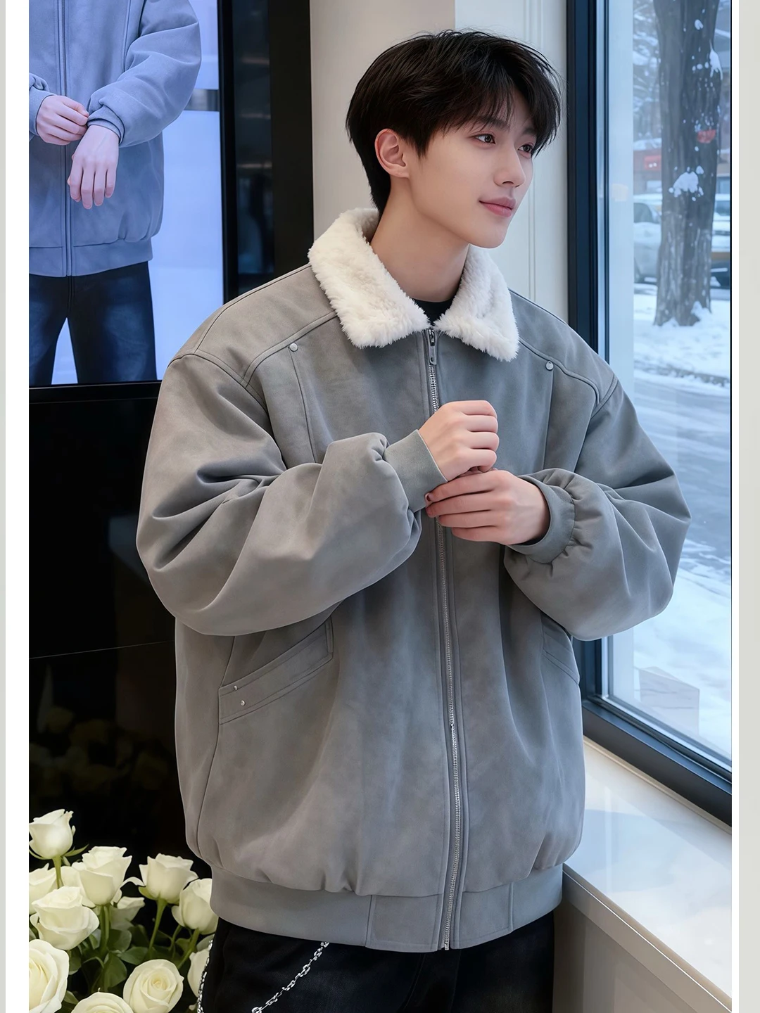 

American Deconstructed Mountain Eagle Thiened Cotton Jaet Men's Winter Coat Lamb Velvet Dyed PU Leather Jaet Cotton Clo...