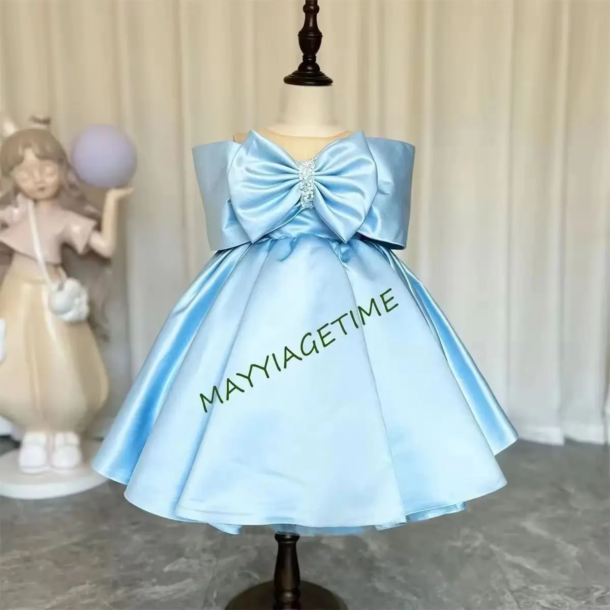 

CustomRoyal Blue Satin Flower Girl Dress Crystal Bead Bodice Oversized Bow KneeLength Princess Gown for WeddingsBirthday Parti
