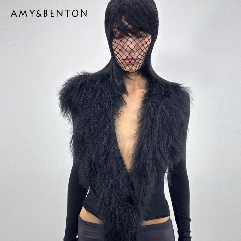 خريف شتاء جديد أسود مثير موضة فتاة ساخنة قمة فاسق الظلام الفراء الربط العميق الخامس تصميم جوفاء سليم كم طويل تي شيرت السيدات