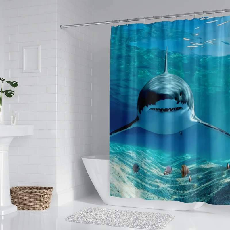 1pc Shark Pattern Shower Curtain, Waterproof Bathroom Partition Curtain with Hooks, Bathroom Accessories, Home Decorations