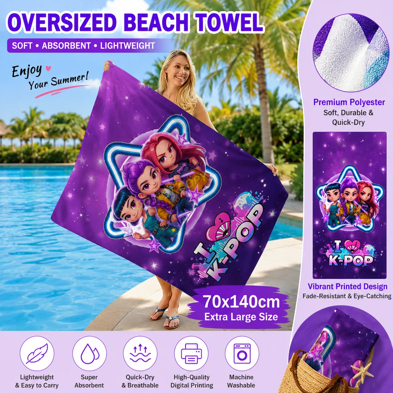 1pc I Love K-pop Cartoon Beach Towel Quick-drying Super Absorbent Suitable for Beach Vacation Pool Summer Funny Gift for Friends