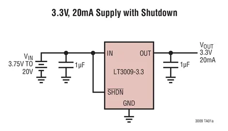 LT3009 LT3009EDC-1.2 LT3009IDC-1.2 LT3009IDC-3.3 LT3009IDC-3.3 - 3uA IQ, 20mA 저드롭아웃 선형 레귤레이터