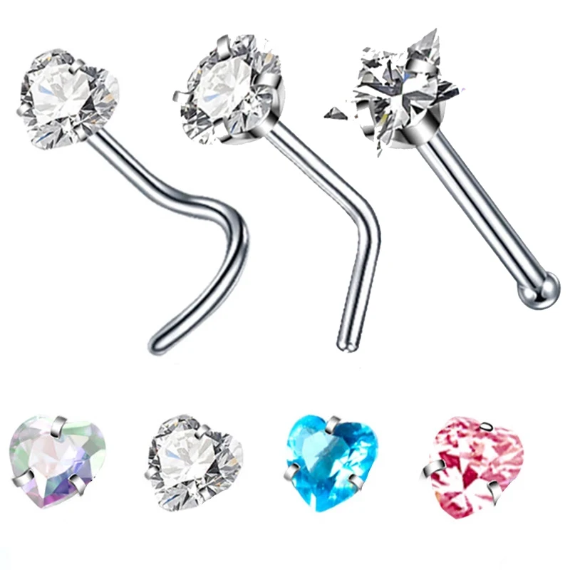 3AAA Zircon L Shape Nose Studs Stainless Steel Crystal Heart Nose Piercing Ring Star Nostril Pircing Pack Nariz Studs Jewelry