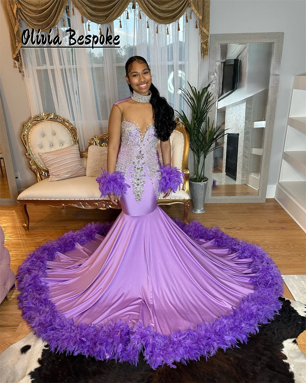 

Attractive Purple Mermaid Prom Dresses Luxury Black Girls 2025 Feather Beaded Rhinestones Long Sleeves Birthday Dress Customized