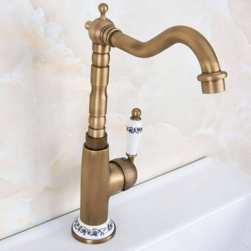 

Antique Brass Kitchen Wet Bar Bathroom Vessel Sink Faucet Single Hole Swivel Spout Mixer Tap anf606