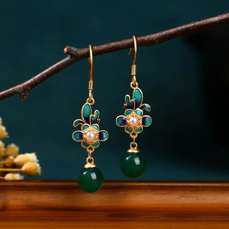 Chinese Style Ethnic Natural Green Chalcedony Handmade Wire Enamel Orchid Earrings for Women Retro Jewelry Girlfriend Gift