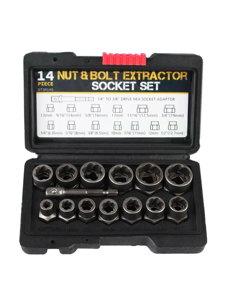Auto Tool Kit Handgereedschap 6.35mm-19mm Beschadigd Tapeinduithalerset 14pcs Bout Moer Remover Socket set Cr-Mo Staal - afbeelding 2