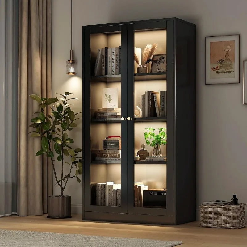 63'' Display Cabinet, Glass Display Cabinet with LED Light Curio Cabinet with Glass Doors Collectibles Large Capacity (Black)