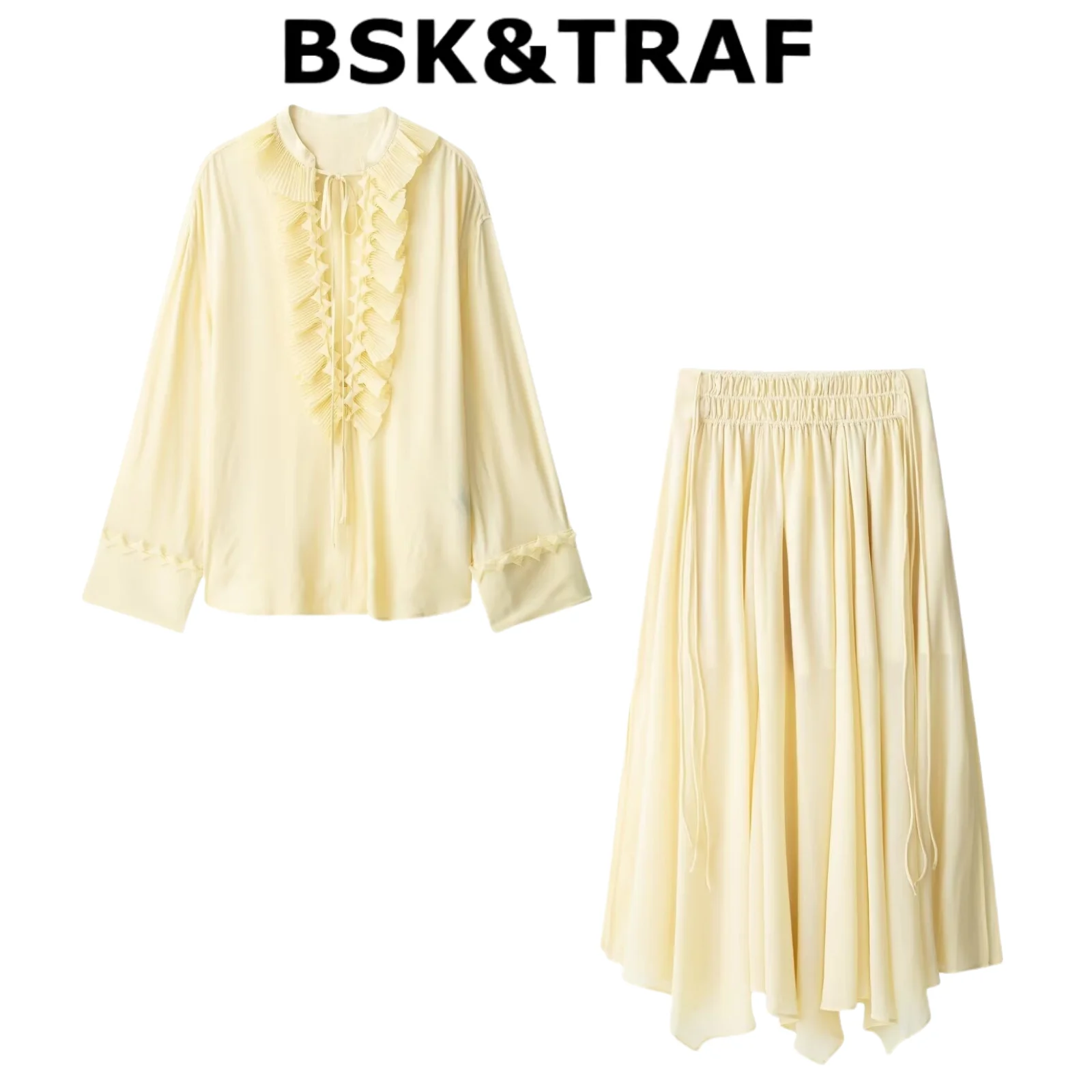 

BSK&TRAF2025 Summer Long-sleeved Loose V-neck Wave Playful Style Dress + French Loose Chiffon Skirt Women's Suit