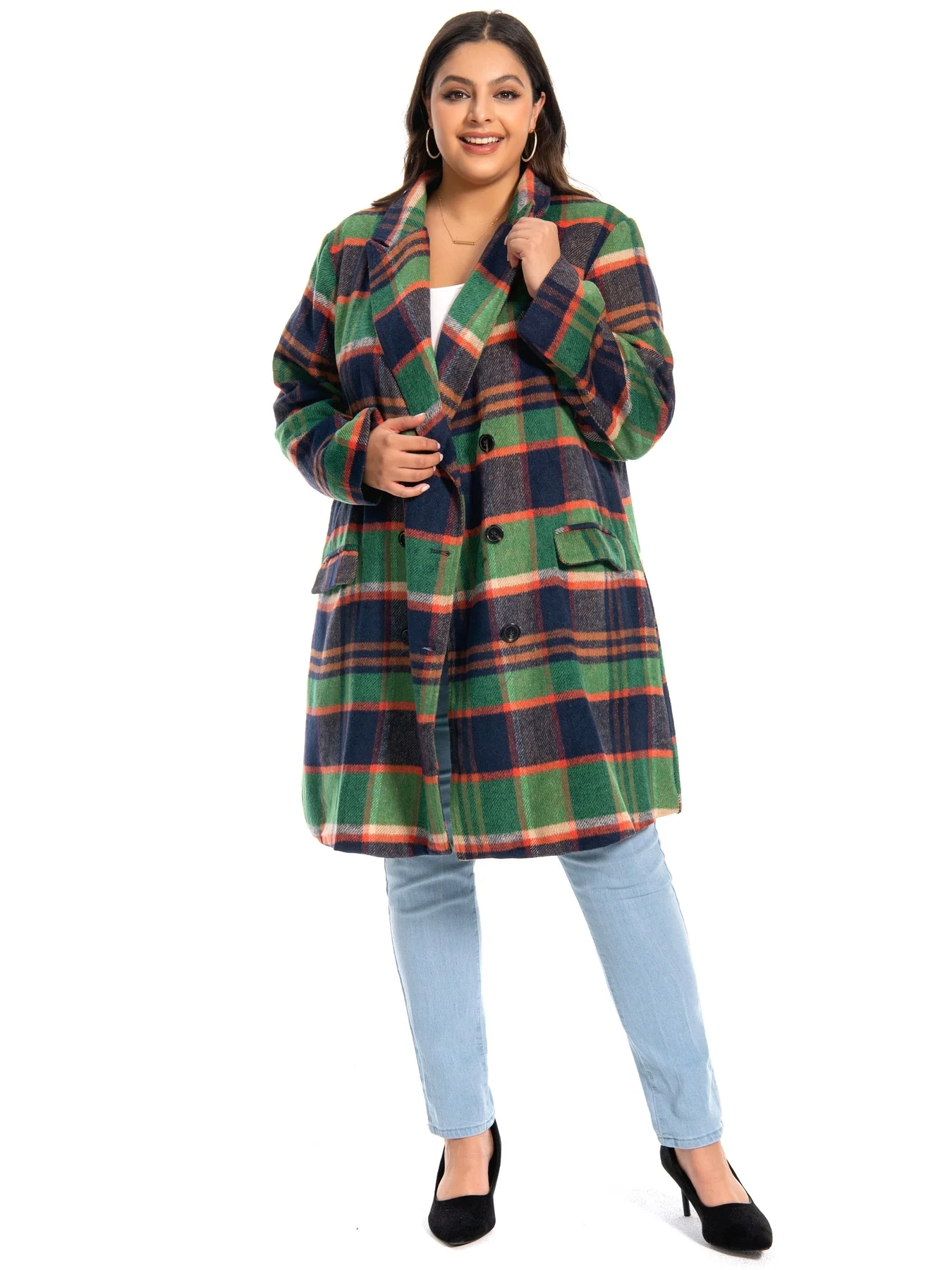 Plus-size Women's Elegant Double-Breasted Plaid Coat. Ideal for daily wear & workplace 1-5XL.