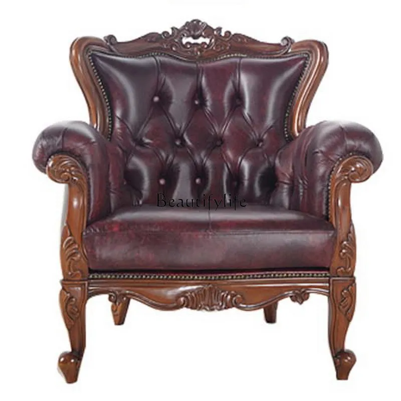 

Medieval peach blossom heart full solid wood carving sofa American leather European single three sofa combination